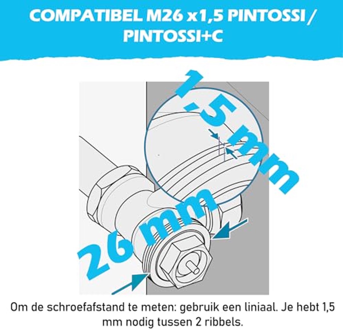 Set van 2 metalen adapters voor M26 x 1,5 naar M30 x 1,5 radiator en thermostaatkop