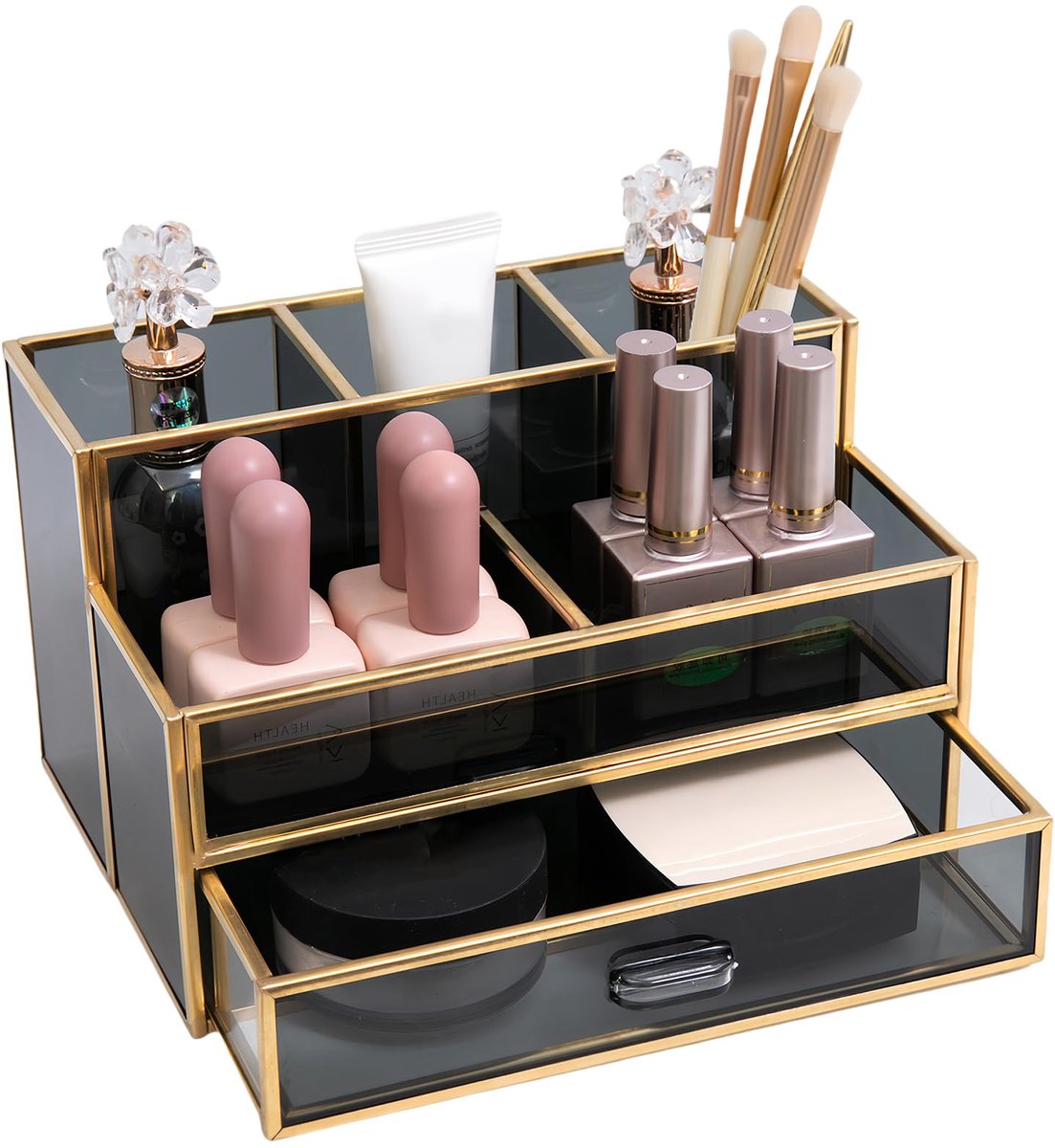 Ibenzoa® Elegante multifunctionele make-up organizer met vakken en lade in zwart glas