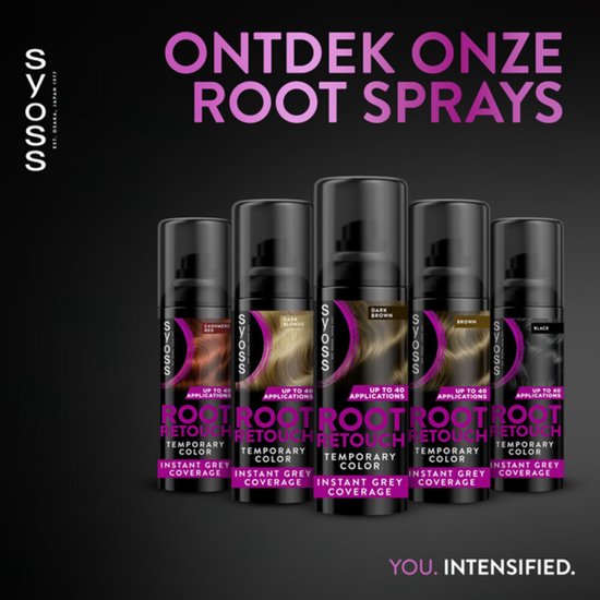 Vijf Syoss Root Retouch spuitbussen in verschillende kleuren: rood, blond, bruin, zwart.