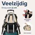 Beige rugzak op een koffer, met opbergbare banden en een extra handvat.