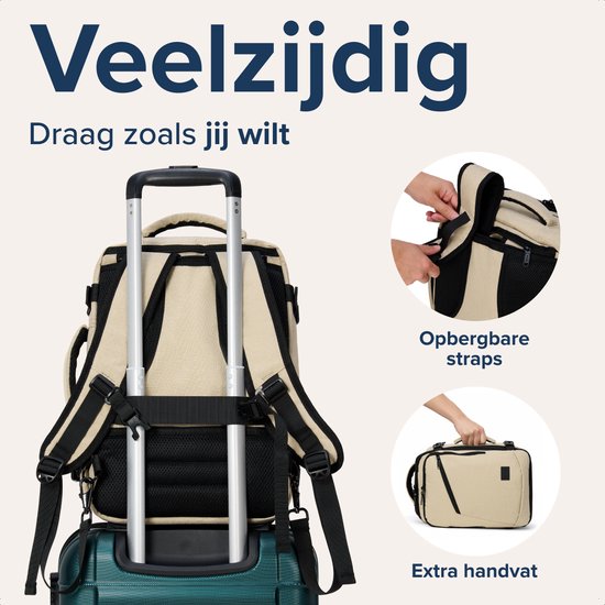 Beige rugzak op een koffer, met opbergbare banden en een extra handvat.