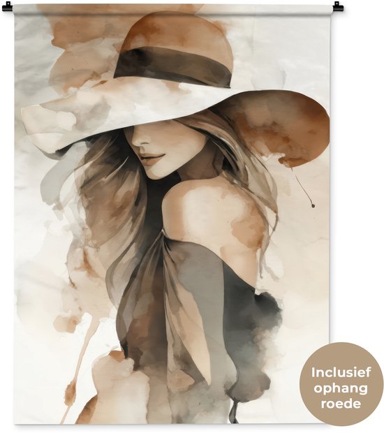 Wandkleed 120x160 cm - Wanddoek Mysterieus - Vrouw - Sepia - Wandtapijt - Wandkleden