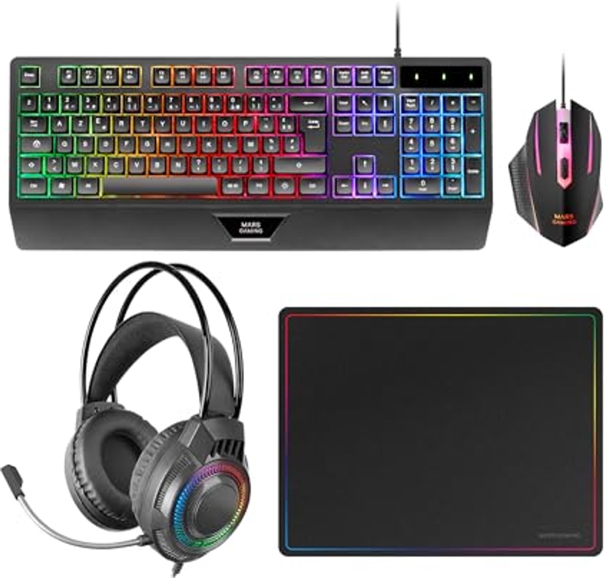 Gaming Combo 4-in-1 Toetsenbord en Muis met RGB Verlichting, Hoofdtelefoon en Muismat