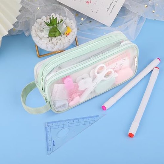 Organizer Tas met grote capaciteit | Half-Transparant Pennenzakje | Esthetisch Beige Wit Potloden etui | Leuke doorzichtige etui voor meisjes | Schoolpotlood en Opbergtas voor Student