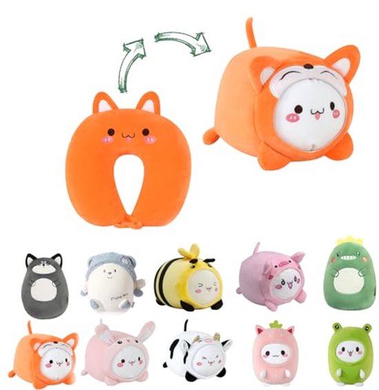Kinderen Reiskussen - 2-in-1 Vervormbaar U-vormig Nekkussen met Schattige Dierontwerpen voor Comfortabele Reizen