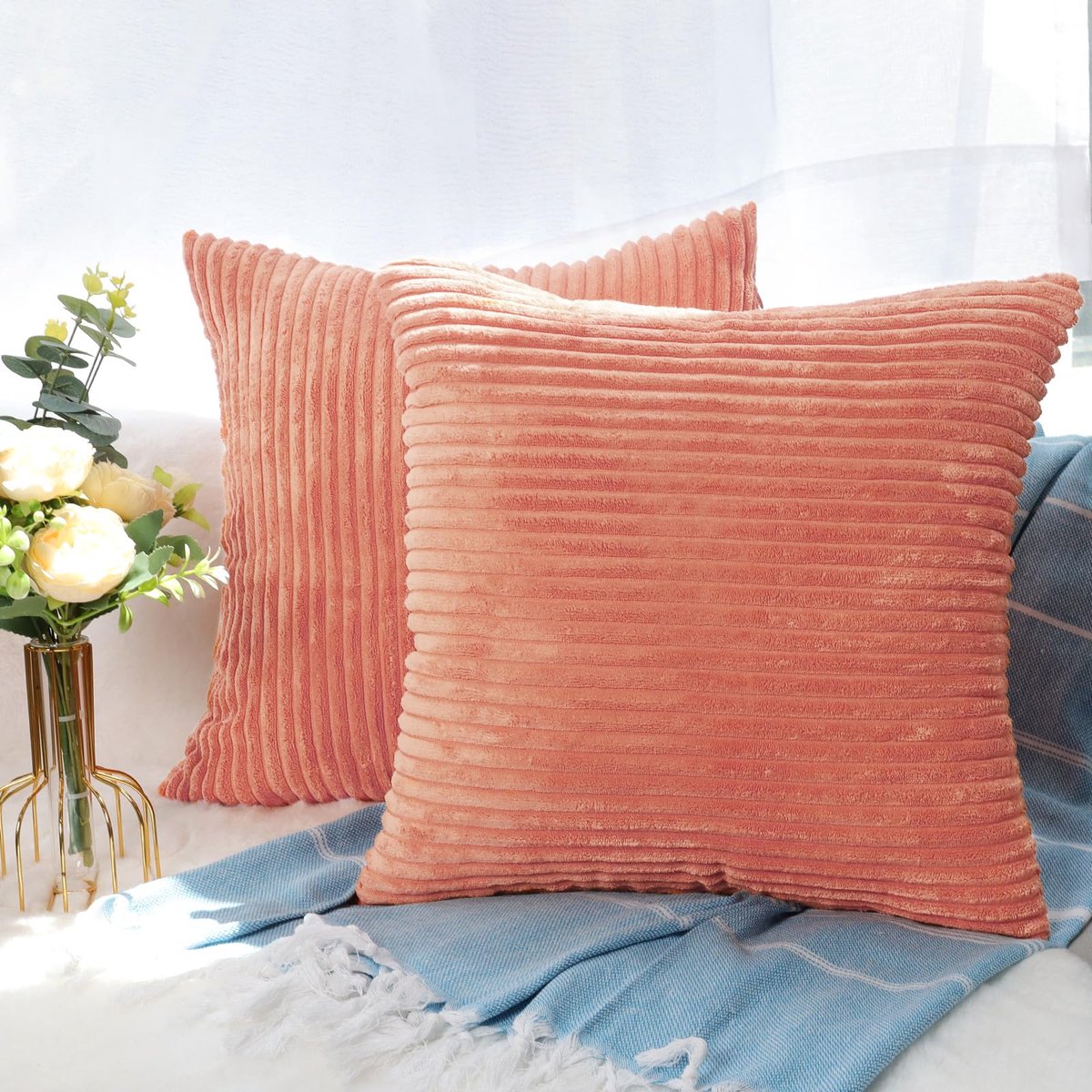 Ibenzoa Set van 2 zachte corduroy kussenslopen voor sierkussens in diverse kleuren lichtroze