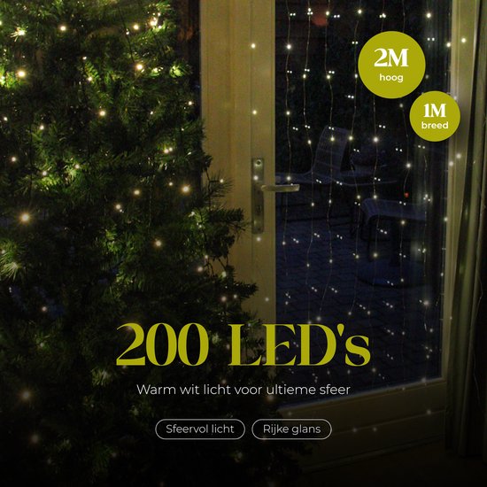 200 LED's warm wit lichtgordijn, 2 meter hoog en 1 meter breed, voor een deur.