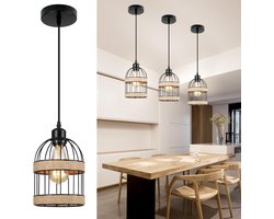 Rosnek Boho Rotan Hanglamp - Handgemaakte Industriele Kroonluchter Voor Eetkamer, Woonkamer En Slaapkamer - Mini Kroonluchter met Handgemaakte Kooi - Zwarte LED Verlichting