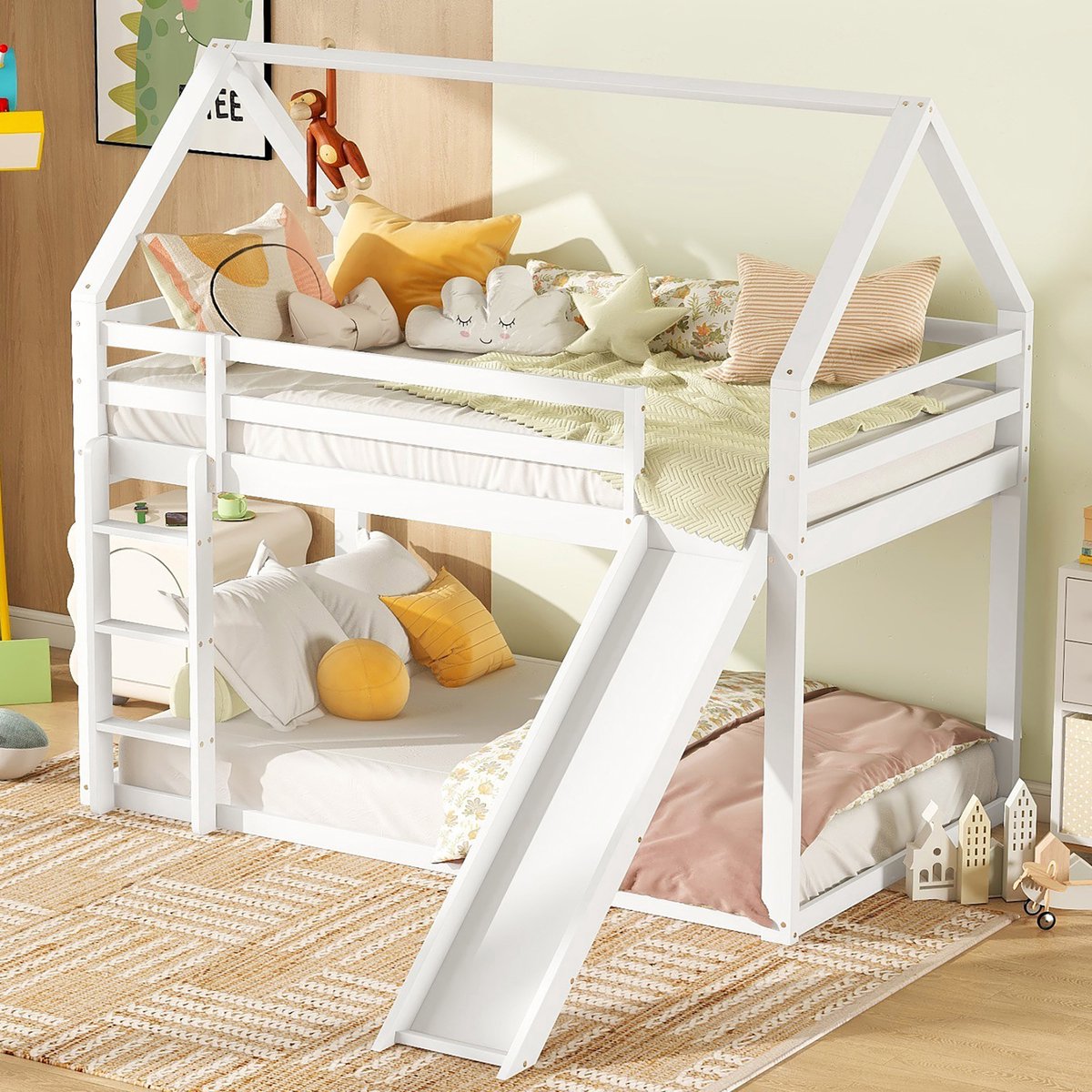 Intebiki Eenpersoonsbed Kinderbed Huisbed Stapelbed met glijbaan en ladder - Wit - 90x200cm