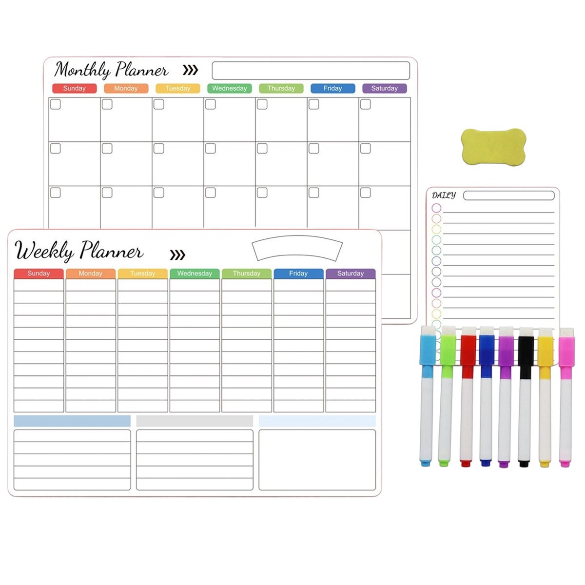 longziming Magnetische Familieplanner Set - Magnetisch Planbord - Wekelijks en Maandelijks Planner Whiteboard - Schoonmaak- en Boodschappenplanner met Markers - To Do Planner - 3-delige Set met 8 Stiften en 1 Gum