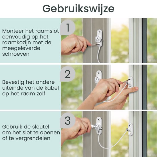 Instructies voor het gebruik van Purepeak raamslot: monteren, bevestigen kabel en openen/vergrendelen met sleutel.