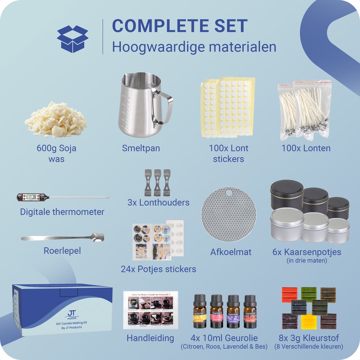 JT Products Kaarsen Maken Set – Inclusief 600 Gram Soja Wax - E-Book - Kaarsen Maken Voor Volwassenen – Geurkaars - Kaarslont – Kaarsenlont – Smeltpan – Kaarsen Maken Starterspakket – Candle Making Kit – DIY - Moederdag Cadeau - Cadeautje Voor Mama — afbeelding 3