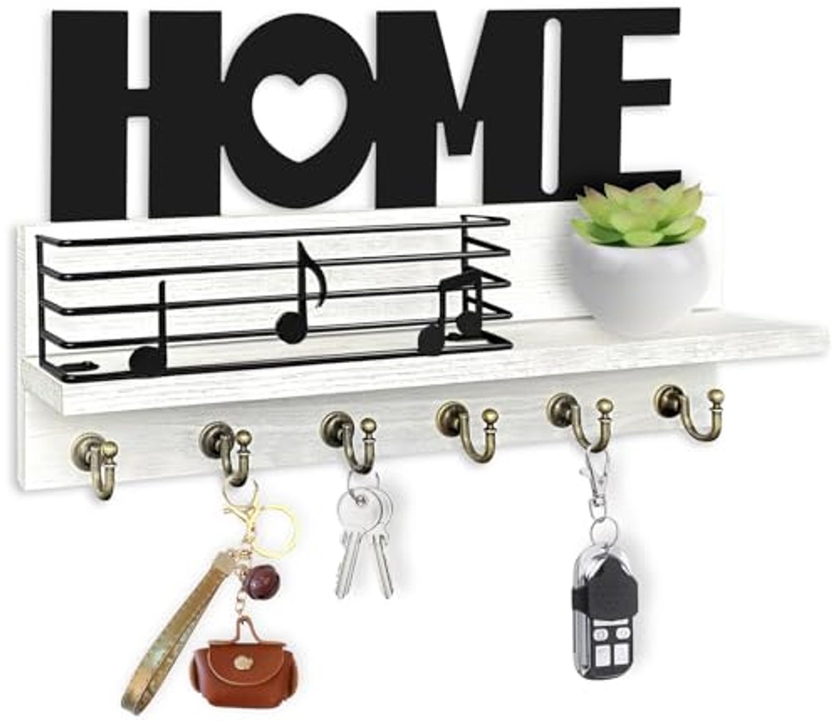 Wandorganizer met plank en 6 sleutelhaken - Vintage en rustieke woondecoratie