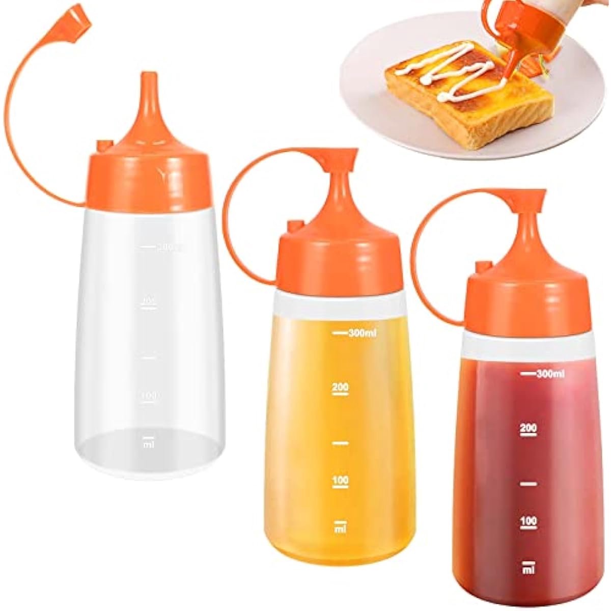Image of 3 stuks knijpflessen van kunststof- 300 ml knijpfles met doppen- sausfles Condiment Squeeze fles- sausflesdispenser- doseerflessen voor dressing- ketchup- scherpe saus- olijfolie