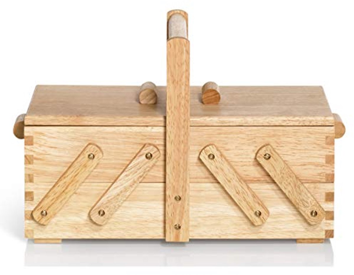 Lichte houten naaidoos met harmonica-systeem en drie niveaus, beige en bruin
