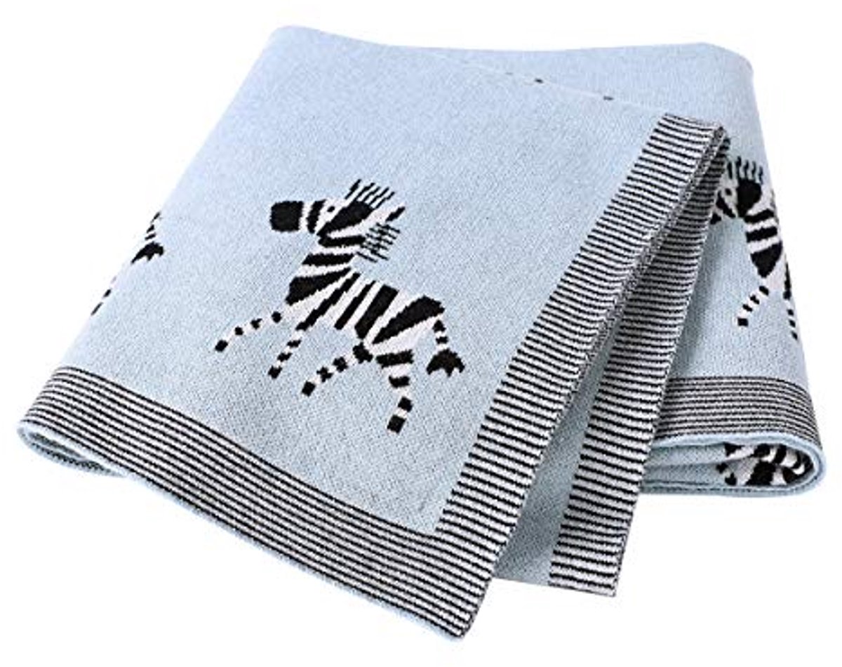 Image of 100% Katoenen Gebreide Baby Deken met Zebra Motief - Zachte Deken voor Pasgeborenen - 80 x 100 cm