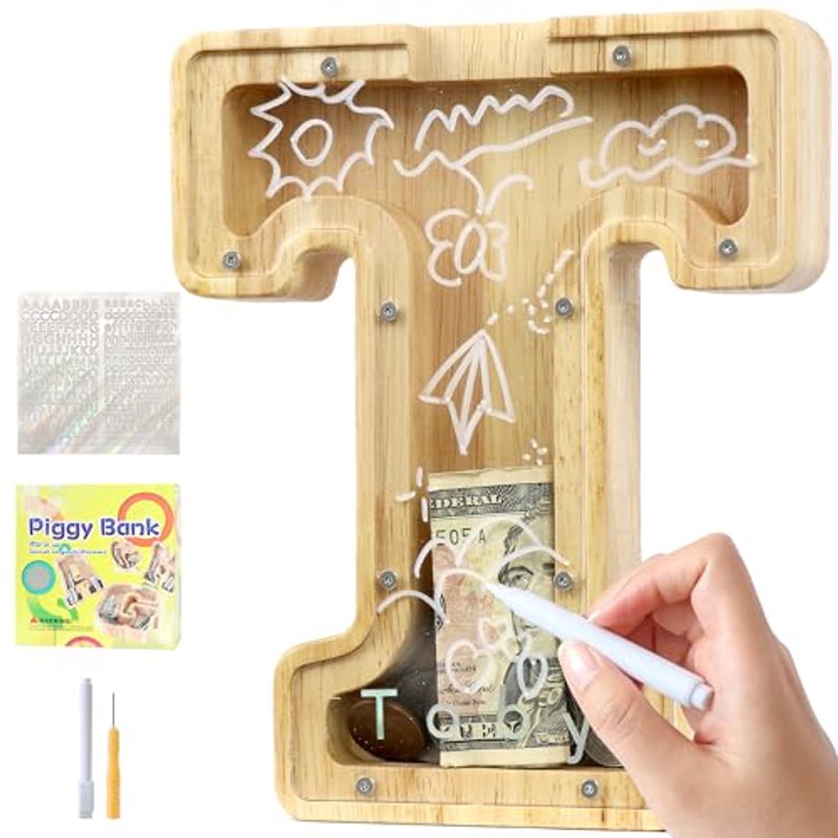 Gepersonaliseerde Spaarpot voor Kinderen - Houten Spaarpot met Doelen, Stickers en Markeerder