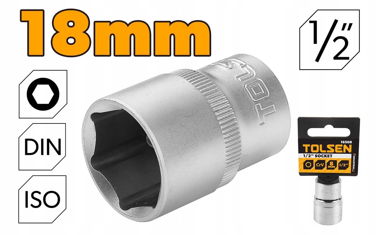 Tolsen Dopsleutel 18mm 1/2" 6-kant Kort Cr-V Staal