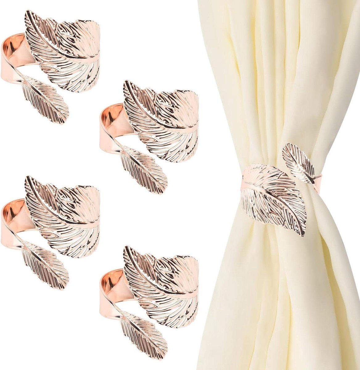 Provento - Roségouden Stropdasruggen voor Gordijnen - Decoratieve Bladgordijnbinders - Gordijntouwgespen - Lente Draperiehouder - Clips voor Thuis en Buiten - Gordijndecoratie - Set van 4