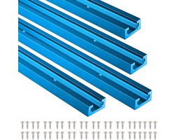 Allecto Plus - 4 stuks T-groefglijrail M4 lichtblauw 1220 mm aluminium T-profiel staal - T-track-rail montagerail - met M4 schuiver M4 kunststof handvat 48 schroeven - houtbewerkingsgereedschap