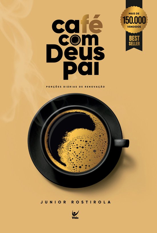 Couverture de livre avec le titre 'Café com Deus Pai' en gros caractères, avec une tasse de café noir avec de la mousse.