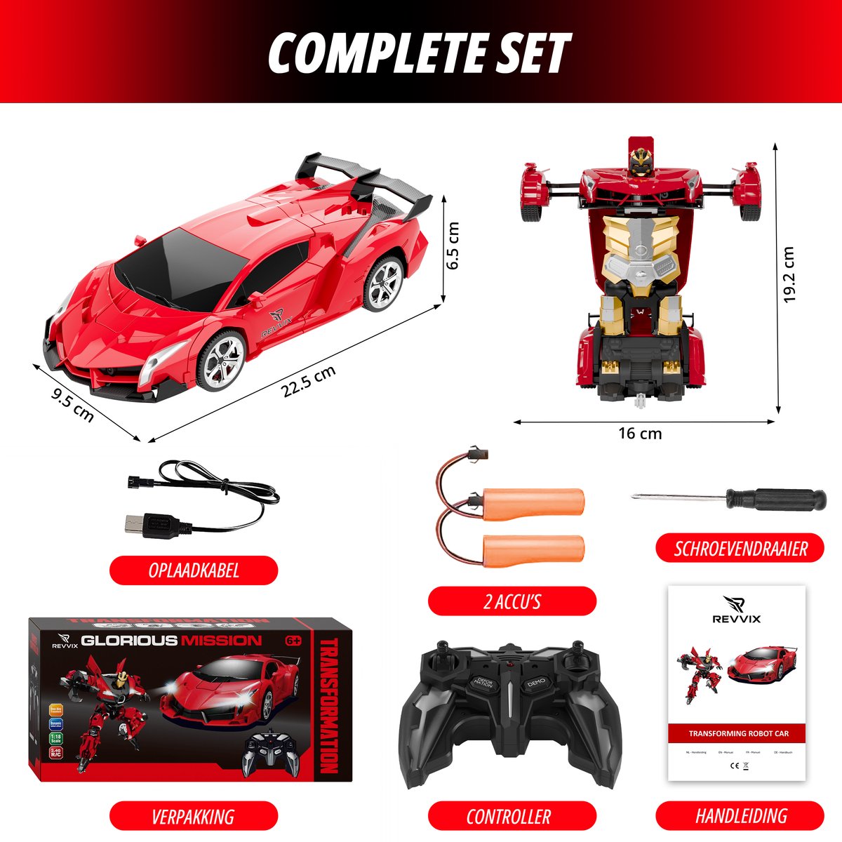 Revvix Bestuurbare Auto - RC Auto - Afstandsbestuurbare auto - Radiografisch bestuurbare auto - Race auto afstandbestuurbaar - Auto afstandsbediening - Robot - 2 Accu's - Rood - Buiten - voor Jongens & Volwassenen - Offroad - Drift - Car — afbeelding 2