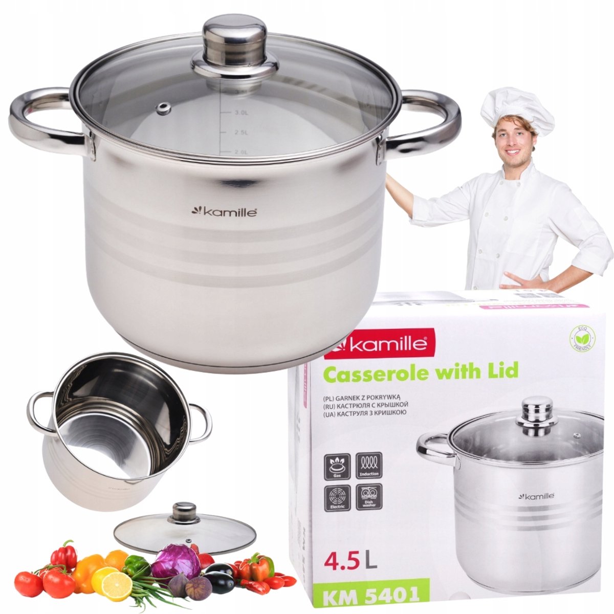 Kamille RVS Pan met Deksel 4.5L - Geschikt voor Inductie