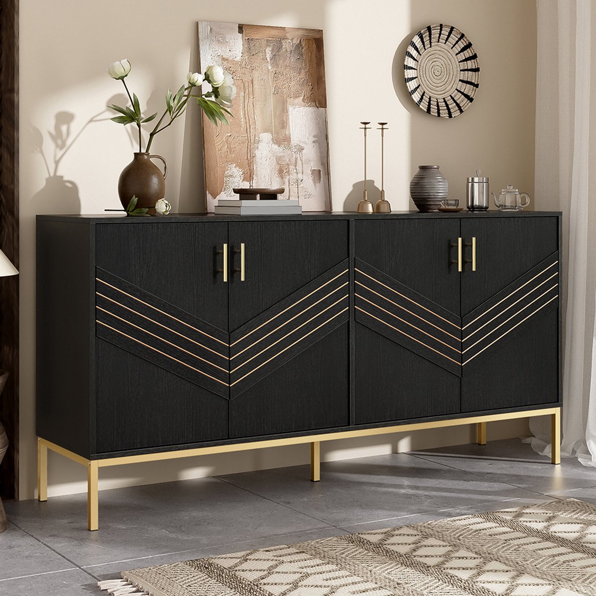 KOMHTOM BLACKCOLORS - Buffetkast - Met 4 deuren - Elegant ontwerp - Zwart en goud - MDF-romp - Metalen poten - Grote capaciteit - In hoogte verstelbare planken - Voor woonkamer - Voor eetkamer - Voor hal