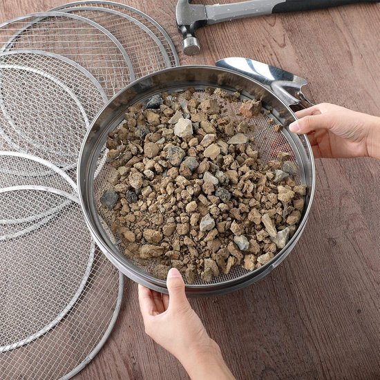5-in-1 Tuinzeef Set - 30 cm Rond Metaal Zeef met 5 Verwisselbare Zeefinserts - Inclusief Gardenschop en Handschoenen - Voor Aarde, Compost en Zand — afbeelding 2