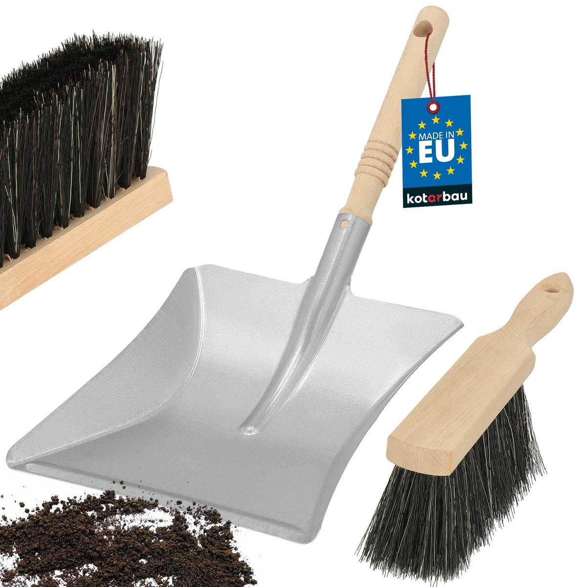 KOTARBAU® Stoffer En Blik Set, Metalen Vuilblik, met Houten Handvat, Verzinkt Staal En Hout, Handeger van Hout, Stoffer En Blik Voor Open Haard, Terras, Werkplaats, Grijs En Naturel