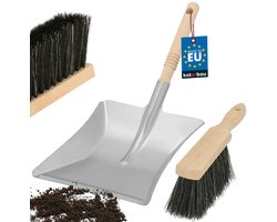 KOTARBAU® Stoffer En Blik Set, Metalen Vuilblik, met Houten Handvat, Verzinkt Staal En Hout, Handeger van Hout, Stoffer En Blik Voor Open Haard, Terras, Werkplaats, Grijs En Naturel