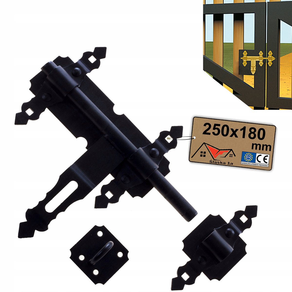 Zware Zwarte Sierlijke Schuifgrendel met Hangslot Oog 250x185mm