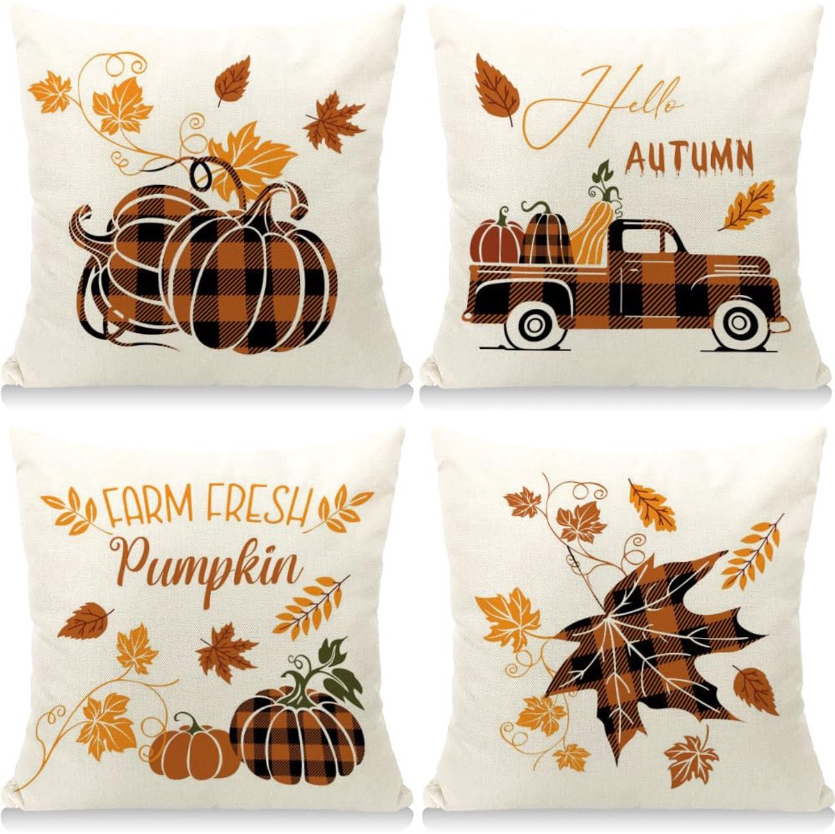 Unyqoos Set van 4 Herfst Kussenslopen met Esdoornblad en Pompoen Motief oranje wit