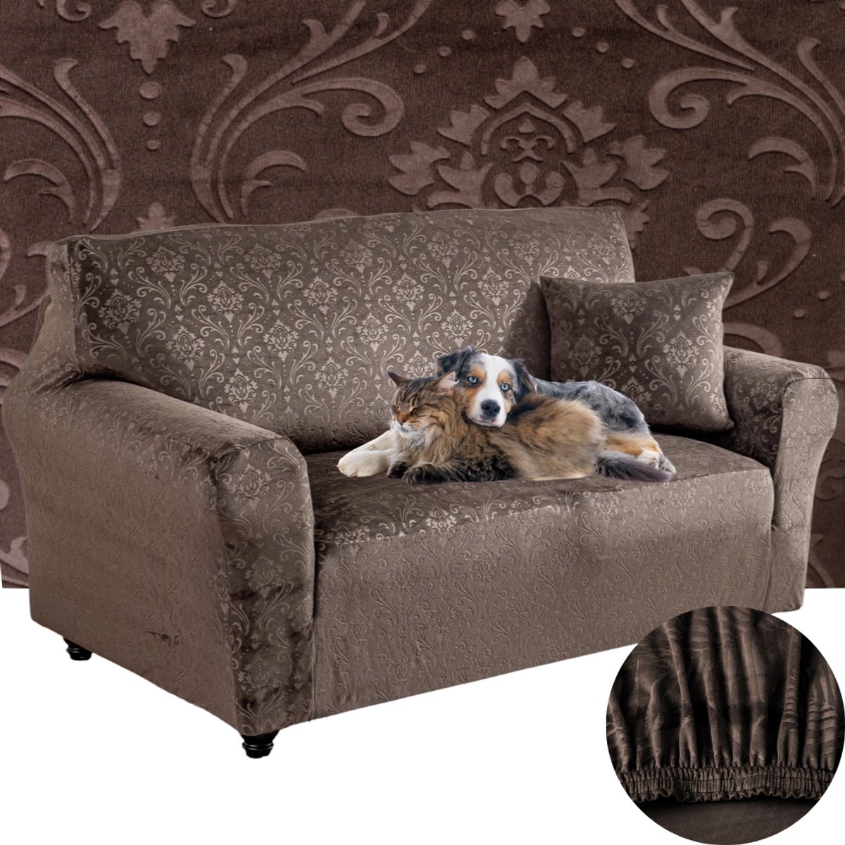 Elastische Bankoes Velours Bruin Ornament 145-185 cm OKE-TEX