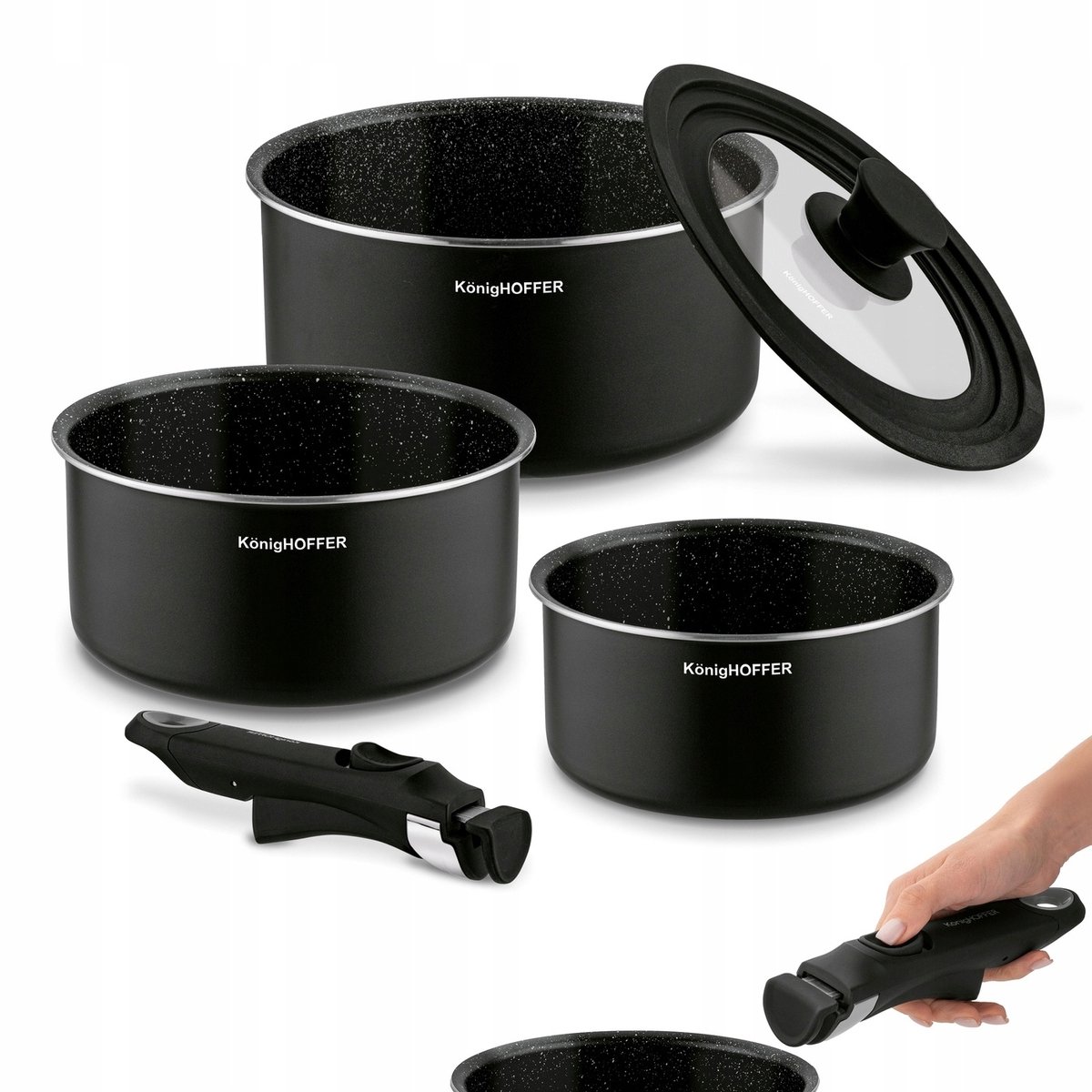 Konighoffer Spinel Zwarte Pannenset met Afneembaar Handvat (5 Delig)