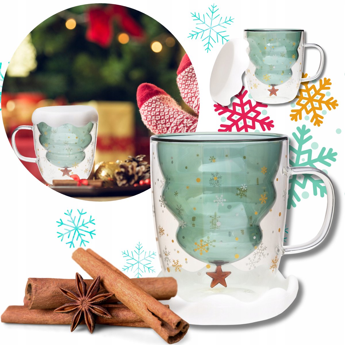 Kamille Dubbelwandige Glazen Mok - 320 ml - Kerstboom Design