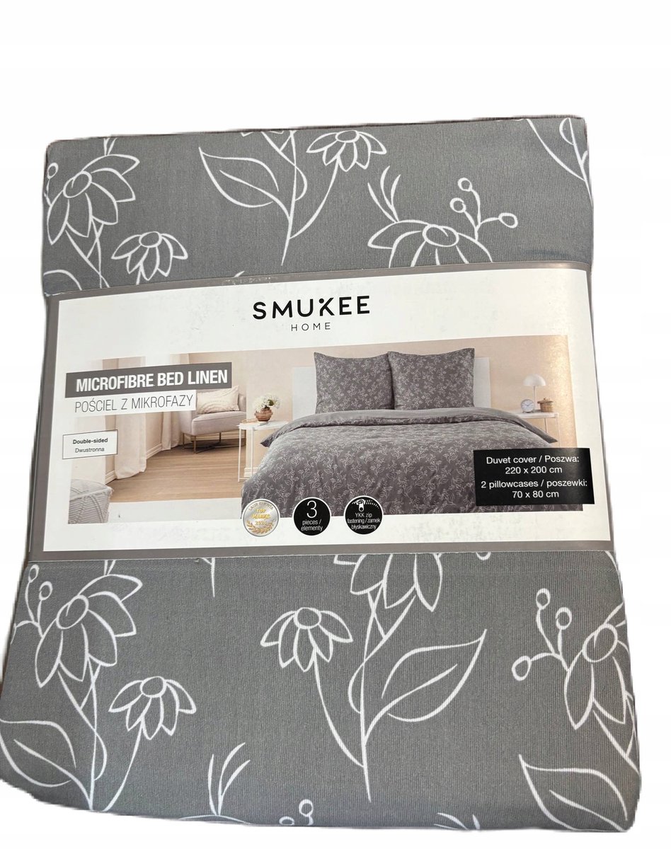 Merkloos Dekbedovertrek Set Grijs met Bloemen 220x200 cm - Microvezel