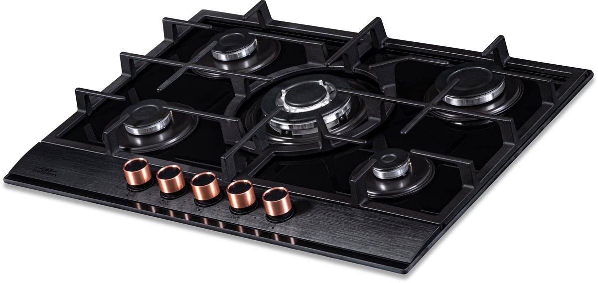 Everglades EVBI8750 - Inbouw Gaskookplaat - 70CM - Gas op Glas - Wokbrander - Gietijzeren Pannendragers - Incl. 2 setjes Knoppen Koper + RVS - Geïntegreerde Vonkontsteking - Vlambeveiliging - 5 Jaar Garantie