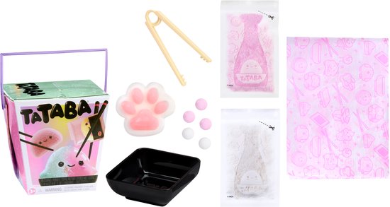 Roze en paarse Tataba speelgoeddoos met schattige figuurtjes, inclusief zwarte kom, gele tang en zakjes met poeder.