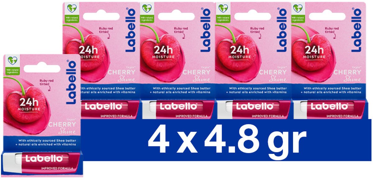 Labello Lippenbalsem Blister Cherry Shine - 4 x 4.8 Gram Voordeelverpakking