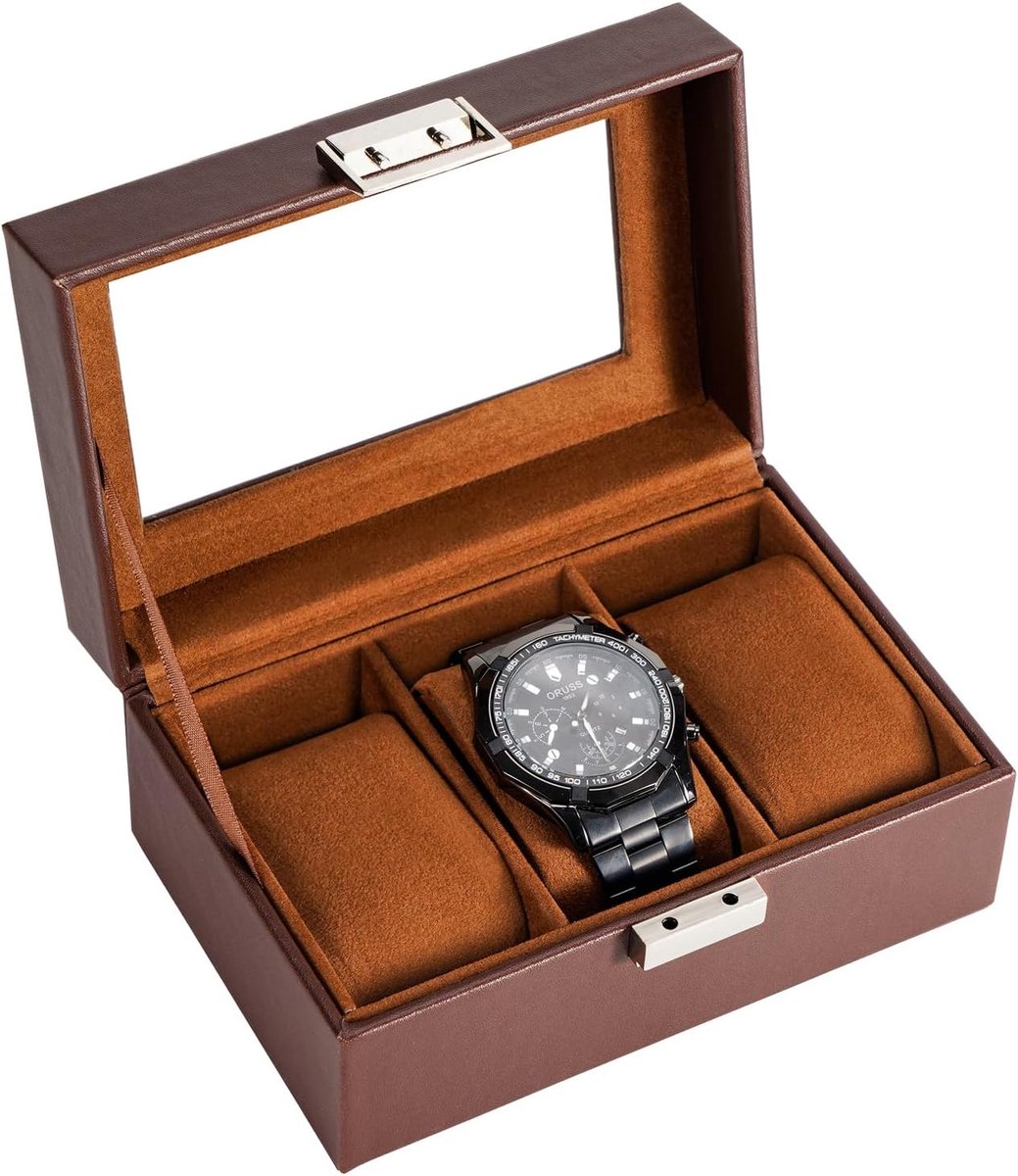 Horlogedoos voor heren, schokbestendig, met 3 vakken voor horlogekussen, opslag van horloges met glazen deksel, voor horloge-enthousiast, bruin