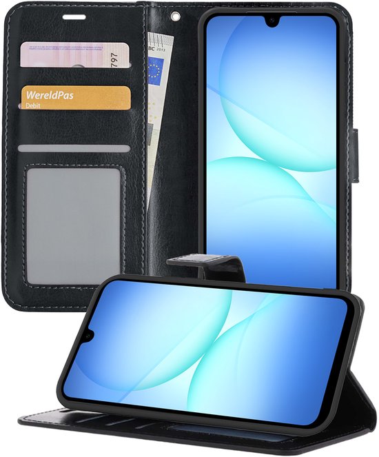Zwarte walletcase met kaarthouders, geldvak, en telefoonstandaard. Inclusief een opengeklapte staande modus.
