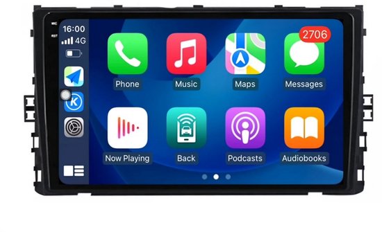 Autoradio Navibop avec les icônes Apple CarPlay : Phone, Music, Maps, Messages, Now Playing, Back, Podcasts, Audiobooks.