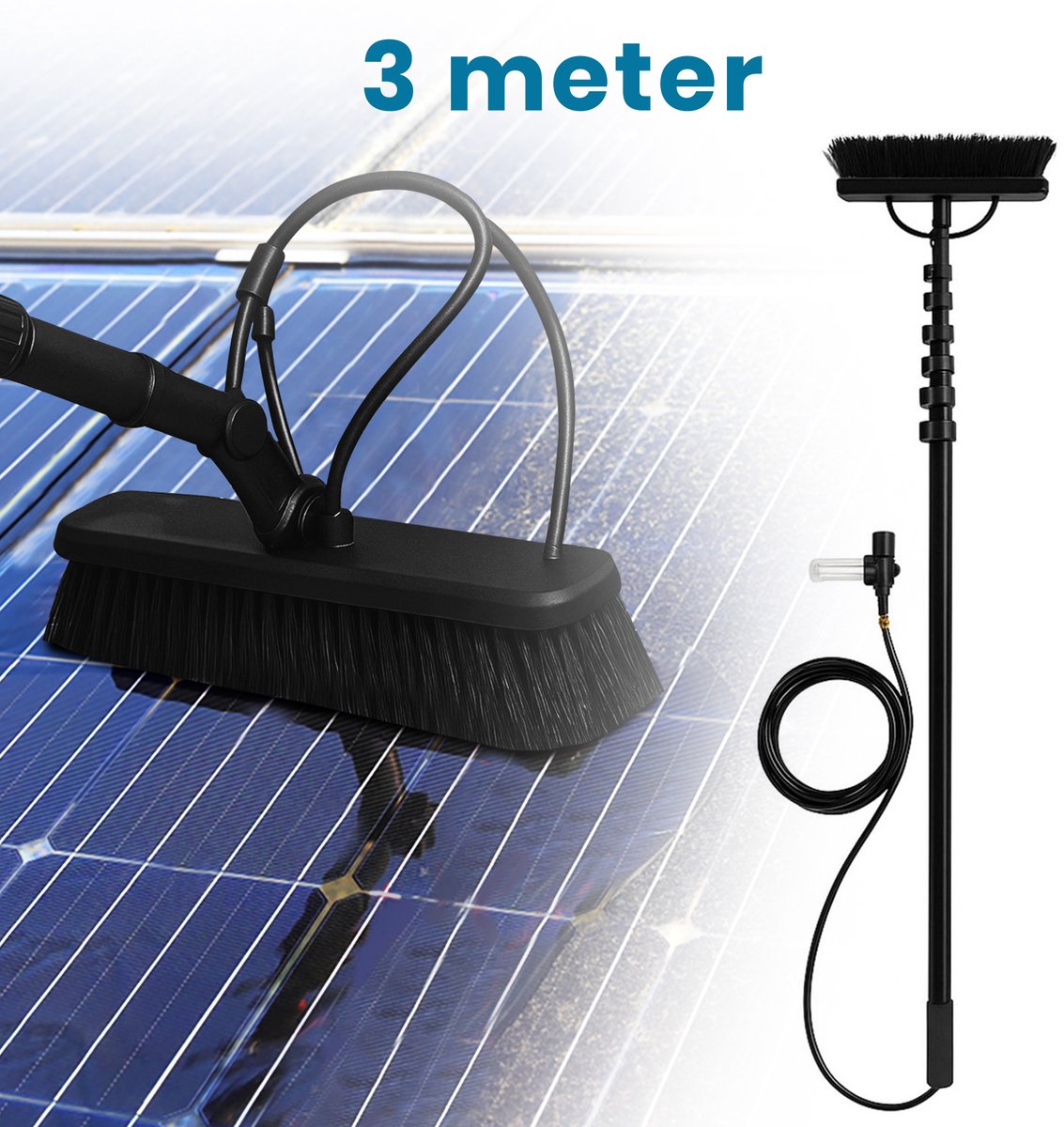 Duradis 3-in-1 Telescopische Wasborstel met Waterdoorvoer – Met allround Borstel, Driekoppige Borstel & Inwasser-Trekker - 3 meter