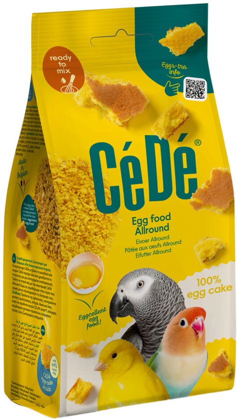 Cédé Egg food Allround, 100% eiercake voor vogels, met een grijze papegaai, gele en oranje vogeltjes.