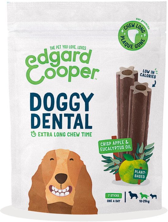 Edgard & Cooper Doggy Dental. Zak met hondenvoer met appel & eucalyptusolie. 'Extra long chew time'.