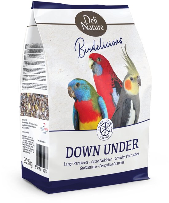 Deli Nature Birdelicious Down Under voerzak met drie vogels: blauwe en rode parkiet, valkparkiet. Tekst 'Down Under'.