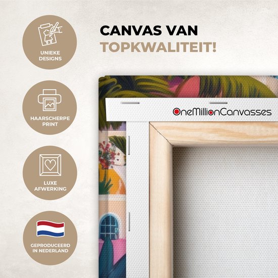 Canvas schilderij 80x60 cm - Exclusieve wanddecoratie Kleurrijk - Roze - Oranje - Geel - Bloemen - Muurdecoratie woonkamer - Slaapkamer decoratie - Kamer accessoires - Schilderijen op canvas - Eclectisch - Aesthetic room decor