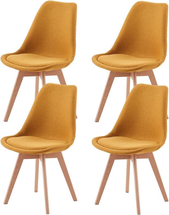 EGGREE Set van 4 stoelen voor eetkamer en keuken in Scandinavische stijl met gevoerde zitting en massief beukenhouten poten, wit