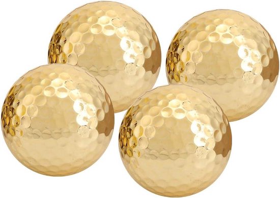 Vier gouden golfballen op een witte achtergrond.